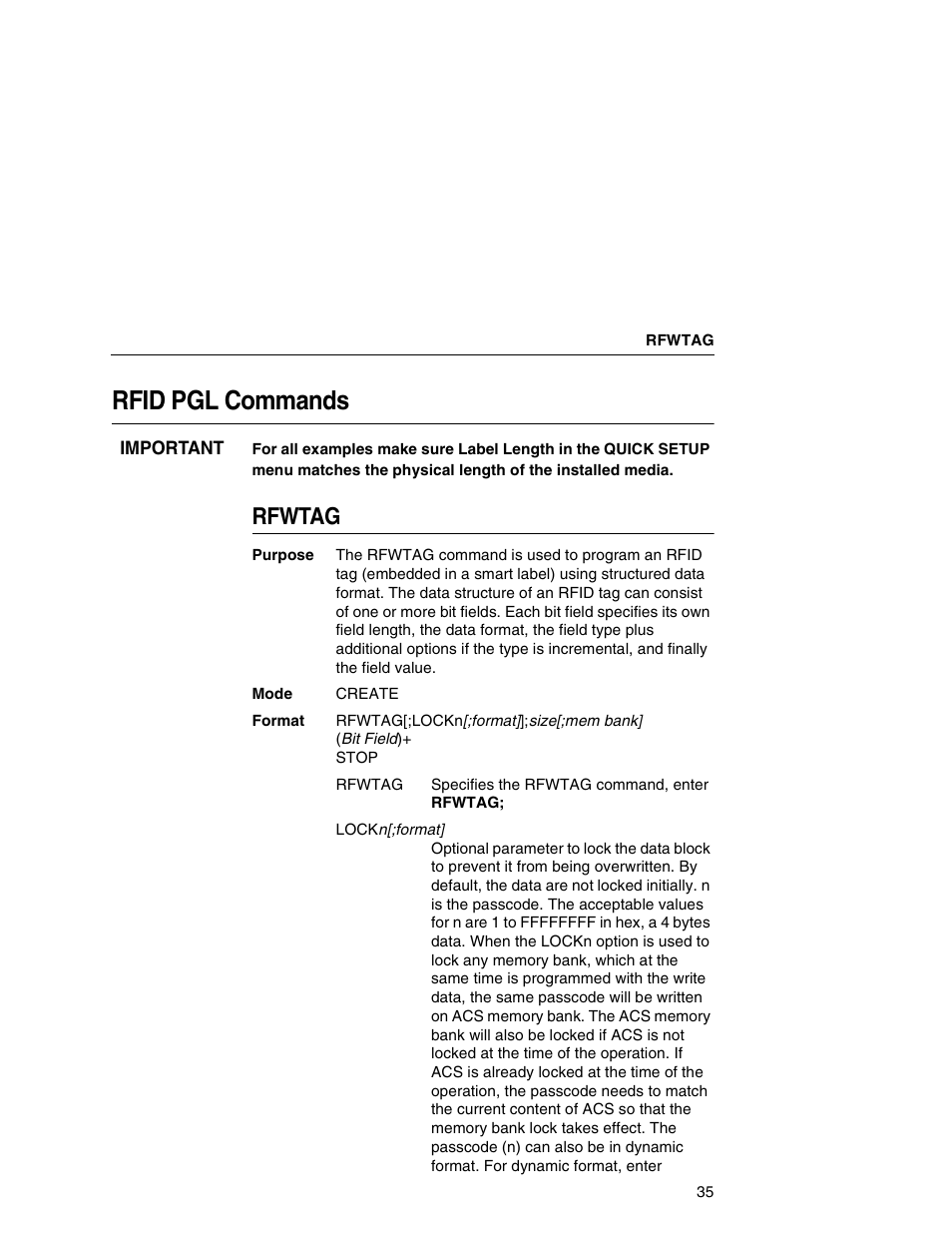 Rfid pgl commands, Rfwtag | Printronix SL5000r MP User Manual | Page 35 / 84