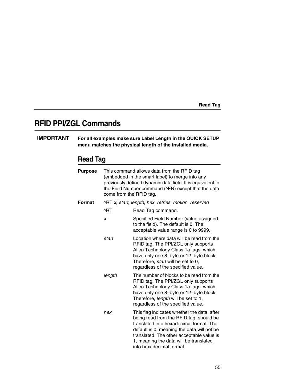 Rfid ppi/zgl commands, Read tag | Printronix SL5000r MP User Manual | Page 55 / 84