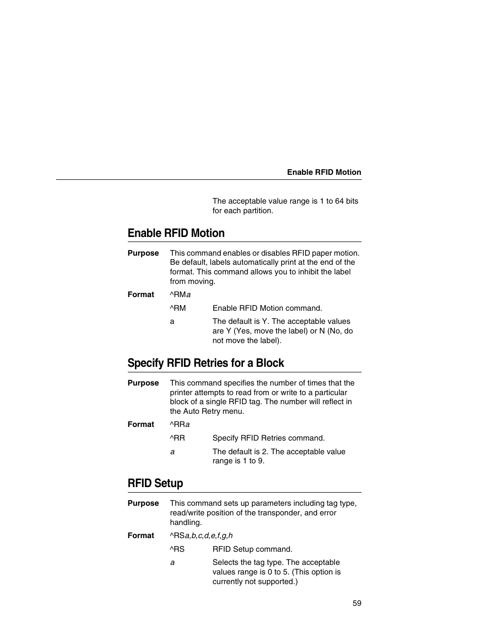Enable rfid motion, Specify rfid retries for a block, Rfid setup | Printronix SL5000r MP User Manual | Page 59 / 84