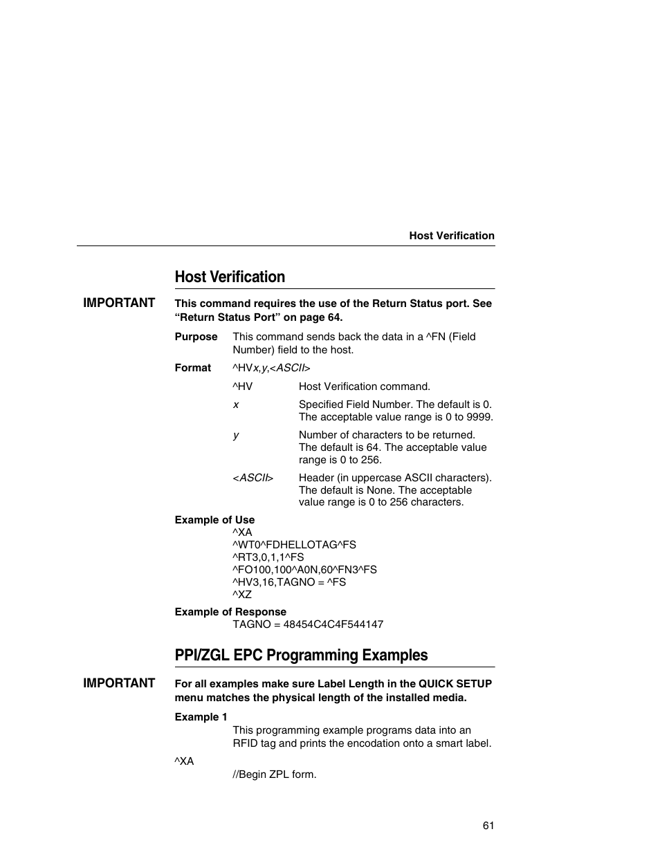 Host verification, Ppi/zgl epc programming examples | Printronix SL5000r MP User Manual | Page 61 / 84