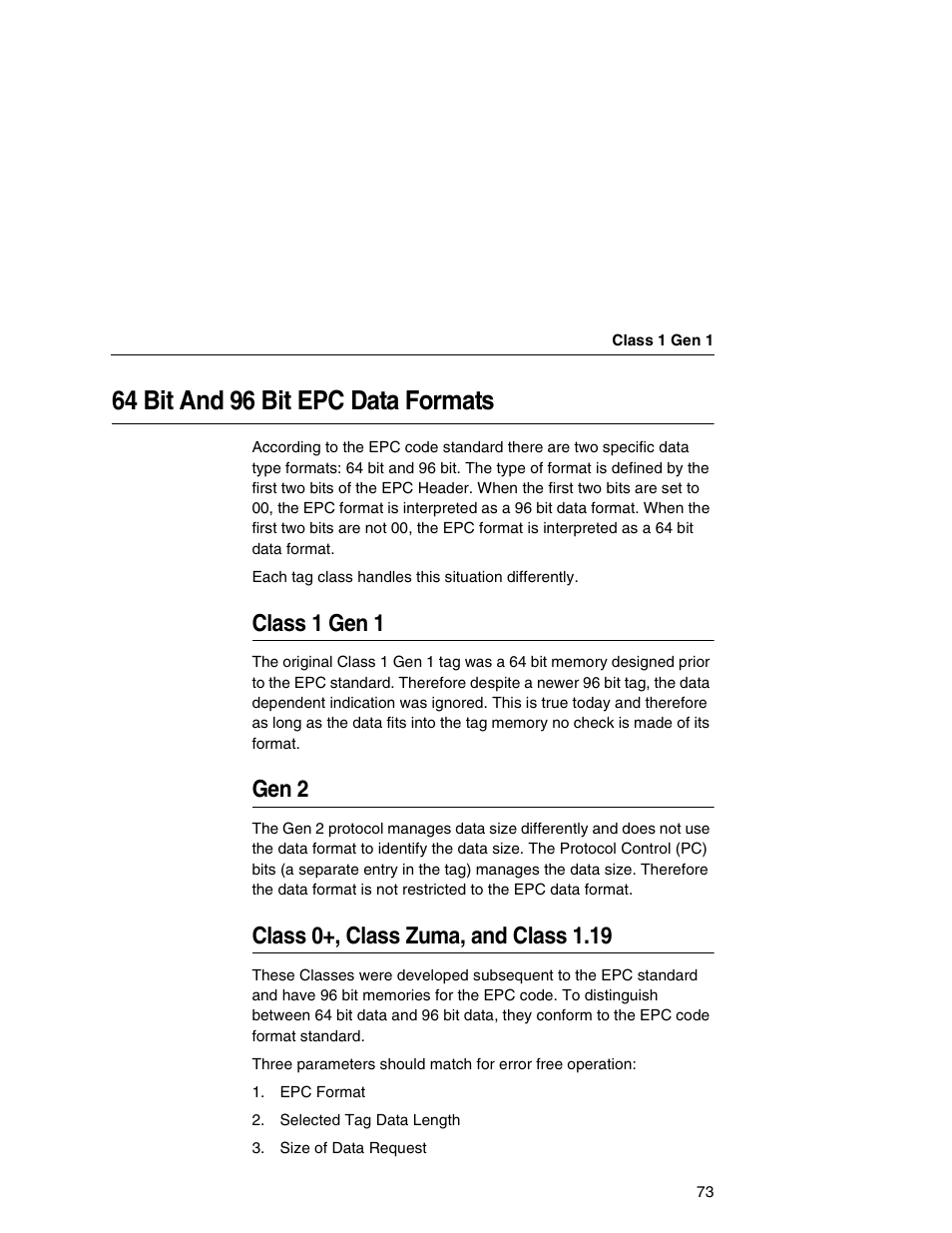 64 bit and 96 bit epc data formats, Class 1 gen 1, Gen 2 | Class 0+, class zuma, and class 1.19 | Printronix SL5000r MP User Manual | Page 73 / 84