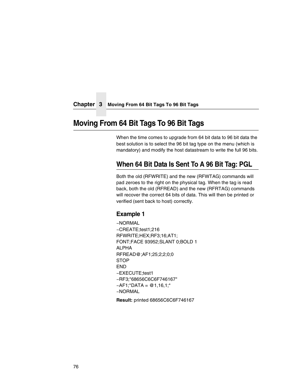 Moving from 64 bit tags to 96 bit tags, When 64 bit data is sent to a 96 bit tag: pgl | Printronix SL5000r MP User Manual | Page 76 / 84