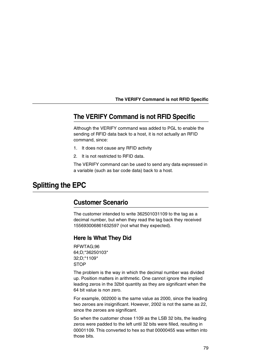 The verify command is not rfid specific, Splitting the epc, Customer scenario | Printronix SL5000r MP User Manual | Page 79 / 84