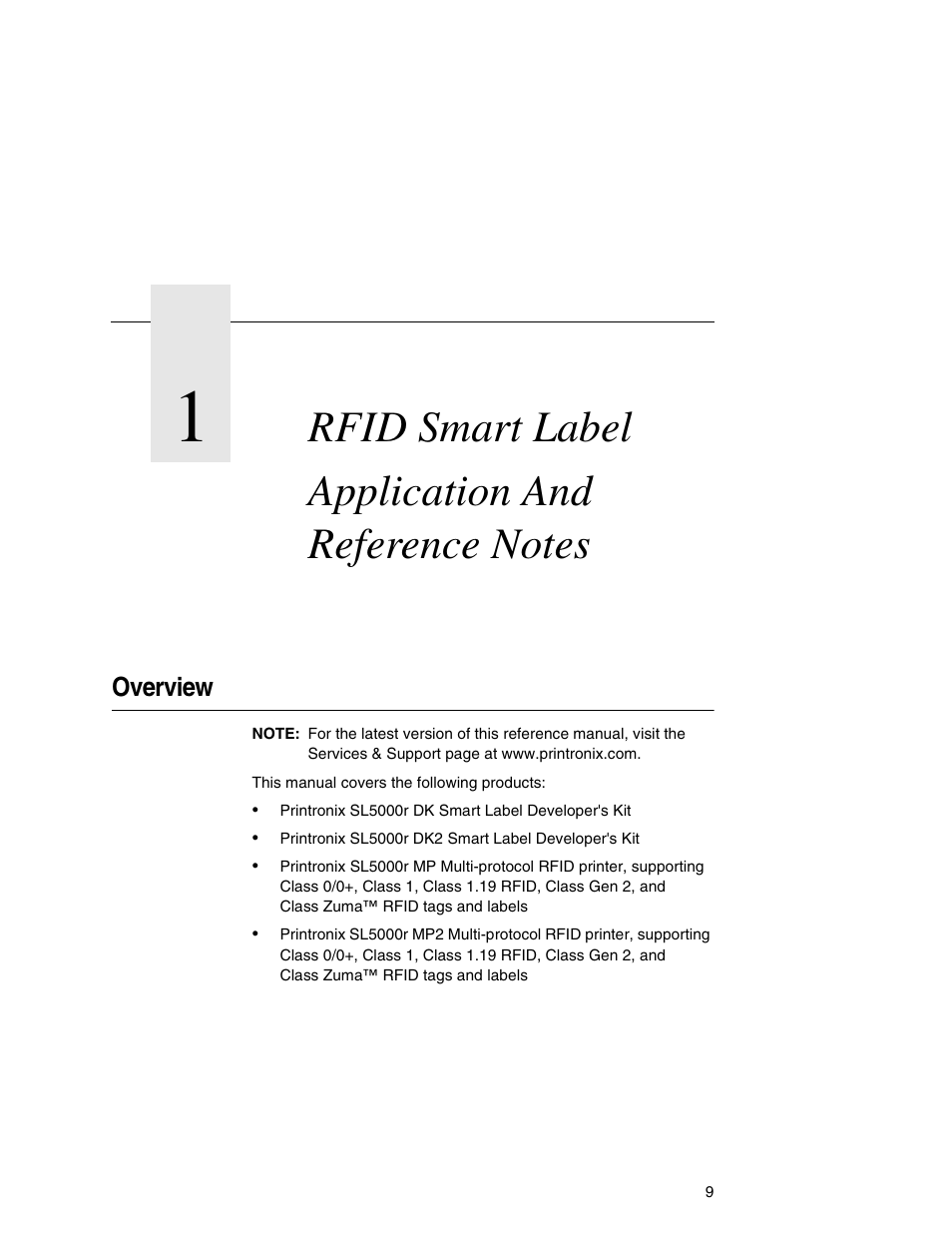 1 rfid smart label application and reference notes, Overview, 1 rfid smart label application | And reference notes | Printronix SL5000r MP User Manual | Page 9 / 84