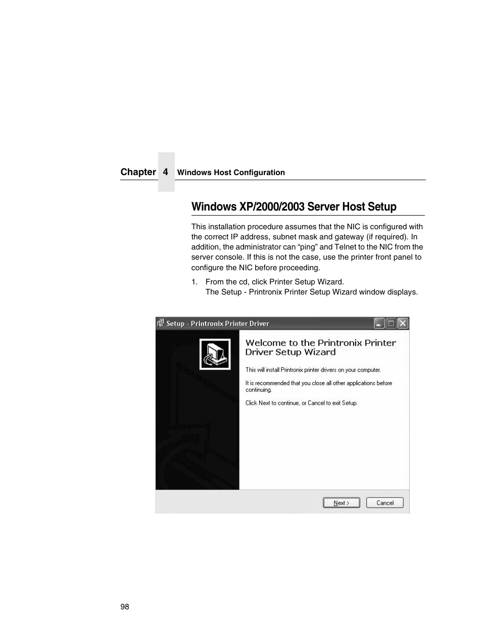 Windows xp/2000/2003 server host setup | Printronix Integrated Network Interface Card User Manual | Page 102 / 310