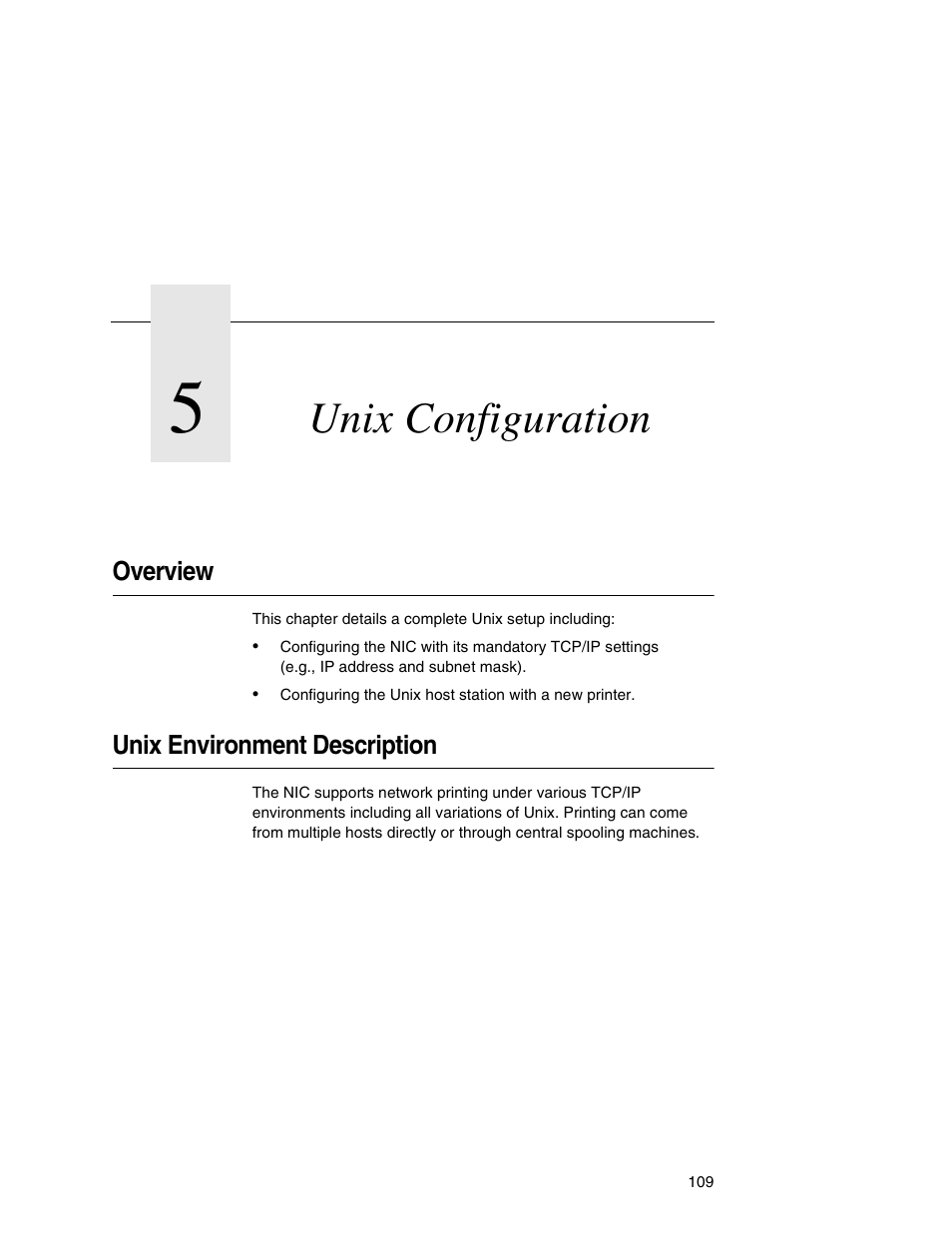 5 unix configuration, Overview, Unix environment description | Unix configuration | Printronix Integrated Network Interface Card User Manual | Page 113 / 310