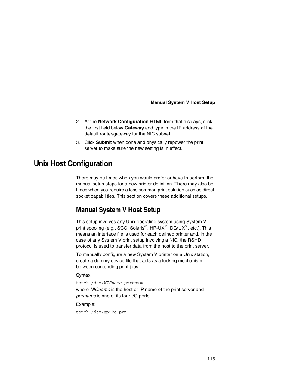 Unix host configuration, Manual system v host setup | Printronix Integrated Network Interface Card User Manual | Page 119 / 310