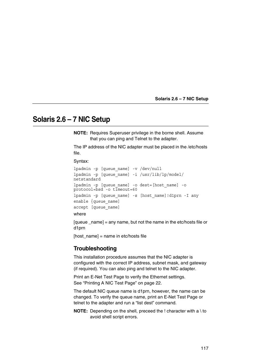 Solaris 2.6 – 7 nic setup, Troubleshooting | Printronix Integrated Network Interface Card User Manual | Page 121 / 310