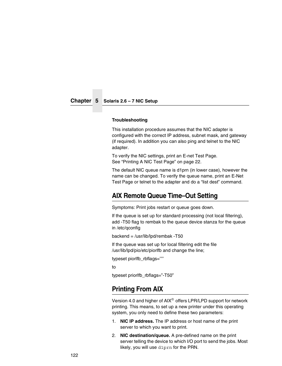 Aix remote queue time–out setting, Printing from aix | Printronix Integrated Network Interface Card User Manual | Page 126 / 310