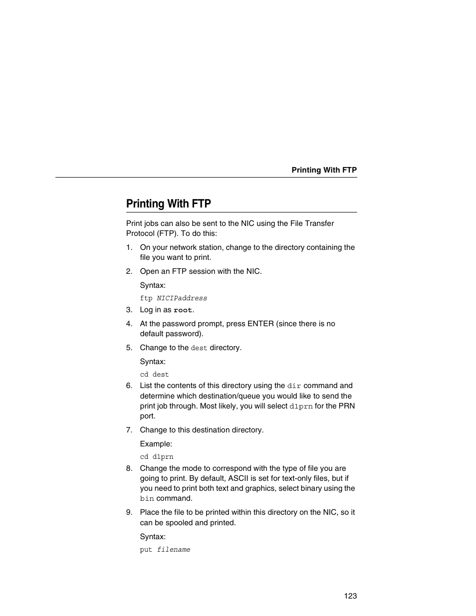 Printing with ftp | Printronix Integrated Network Interface Card User Manual | Page 127 / 310