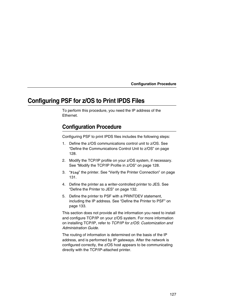 Configuring psf for z/os to print ipds files, Configuration procedure, E 127 | Printronix Integrated Network Interface Card User Manual | Page 131 / 310