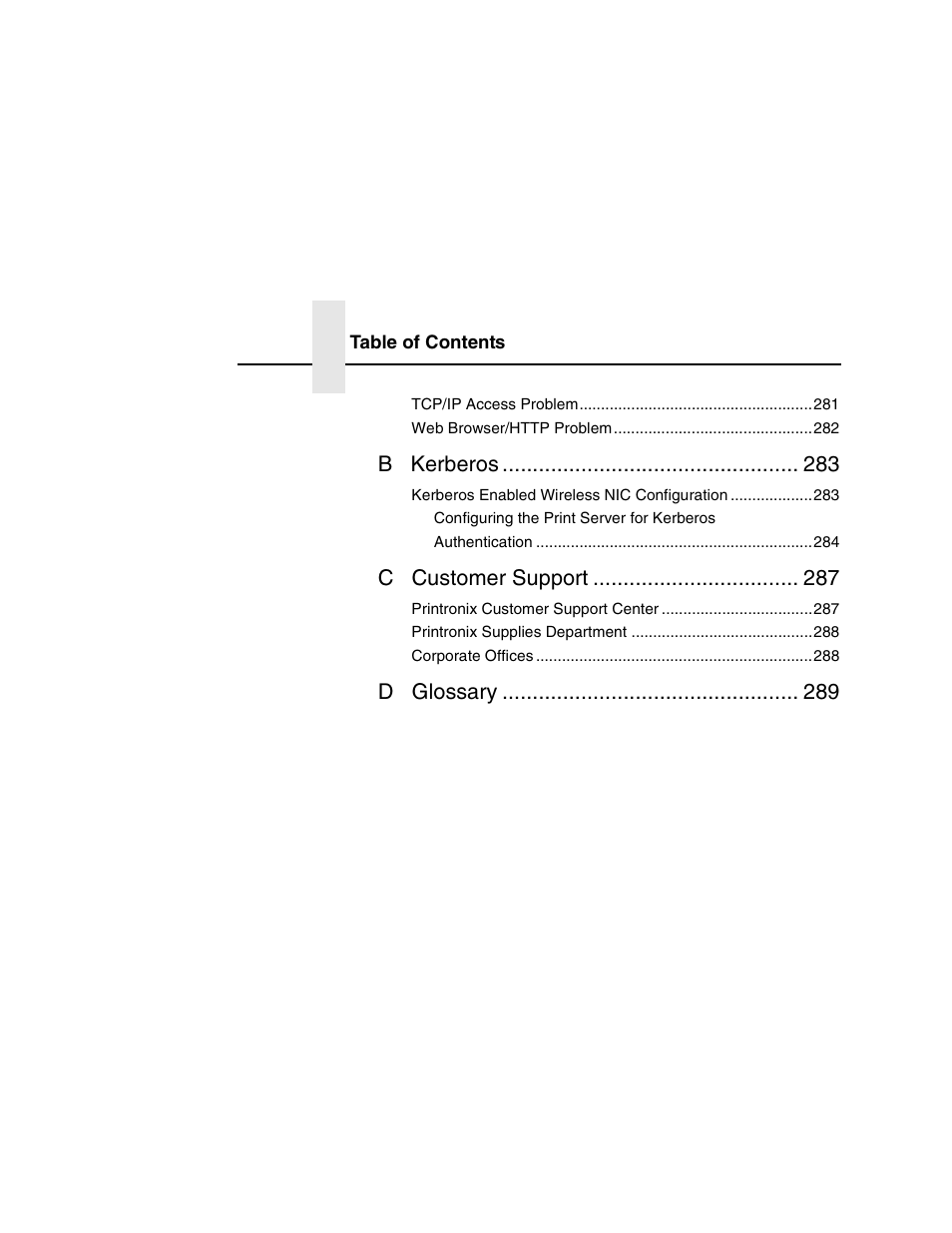 B kerberos, C customer support, D glossary | Printronix Integrated Network Interface Card User Manual | Page 14 / 310