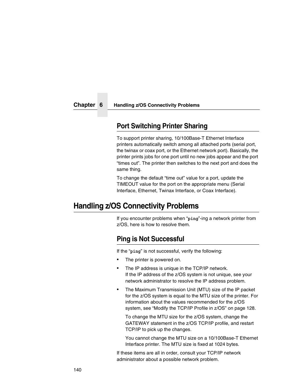 Port switching printer sharing, Handling z/os connectivity problems, Ping is not successful | Printronix Integrated Network Interface Card User Manual | Page 144 / 310