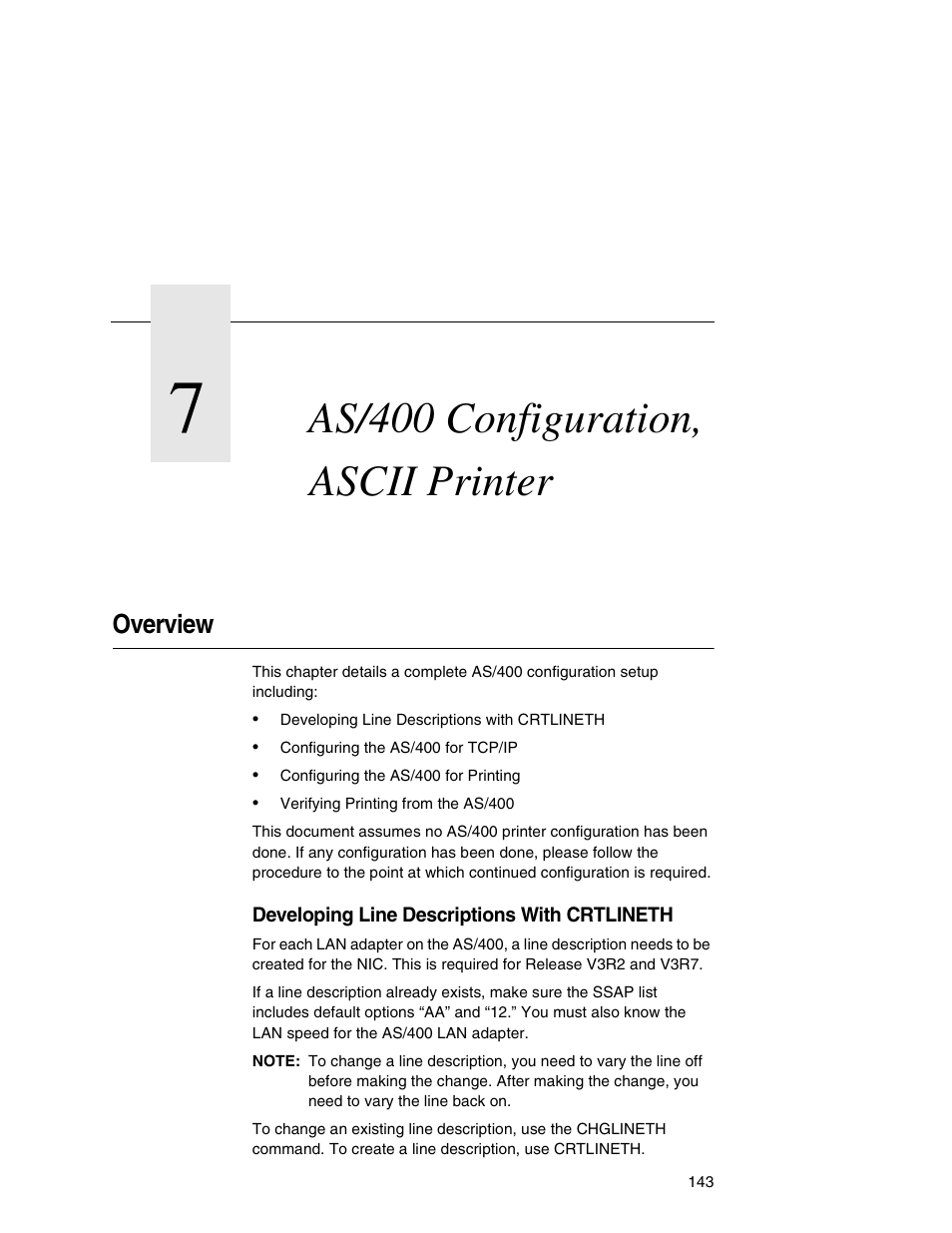 7 as/400 configuration, ascii printer, Overview, As/400 configuration, ascii printer | Printronix Integrated Network Interface Card User Manual | Page 147 / 310