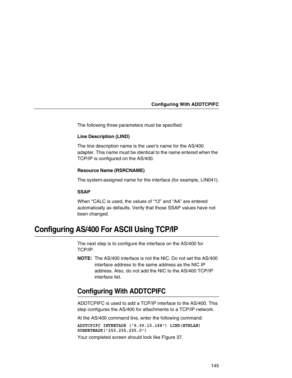 Configuring as/400 for ascii using tcp/ip, Configuring with addtcpifc | Printronix Integrated Network Interface Card User Manual | Page 149 / 310