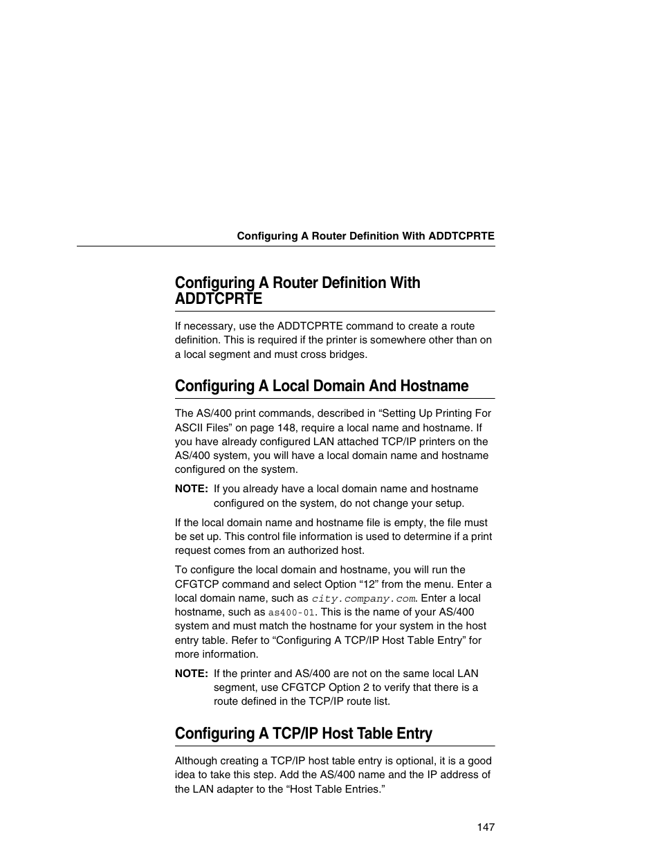 Configuring a router definition with addtcprte, Configuring a local domain and hostname, Configuring a tcp/ip host table entry | Printronix Integrated Network Interface Card User Manual | Page 151 / 310