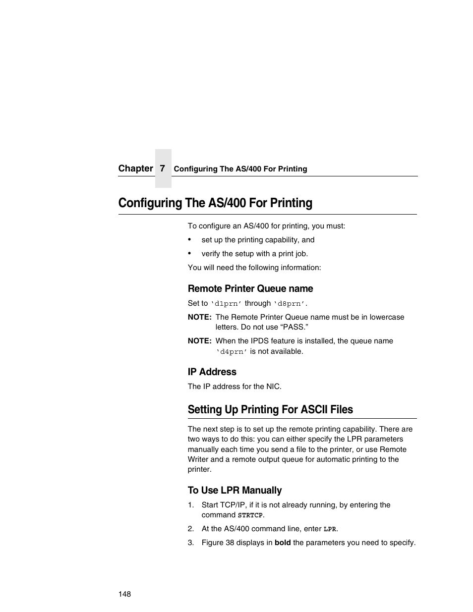 Configuring the as/400 for printing, Setting up printing for ascii files, Remote printer queue name | Ip address | Printronix Integrated Network Interface Card User Manual | Page 152 / 310
