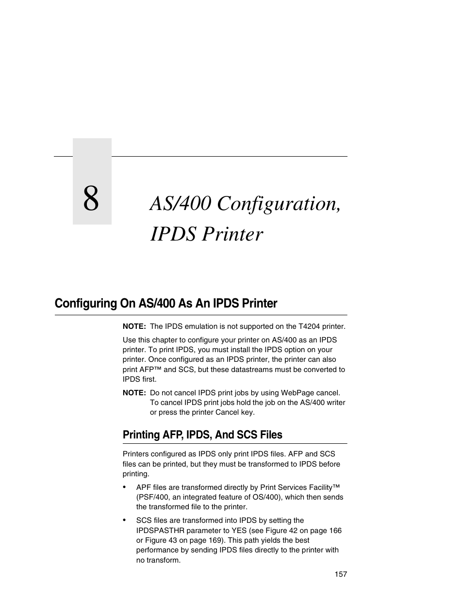 8 as/400 configuration, ipds printer, Configuring on as/400 as an ipds printer, Printing afp, ipds, and scs files | As/400 configuration, ipds printer | Printronix Integrated Network Interface Card User Manual | Page 161 / 310