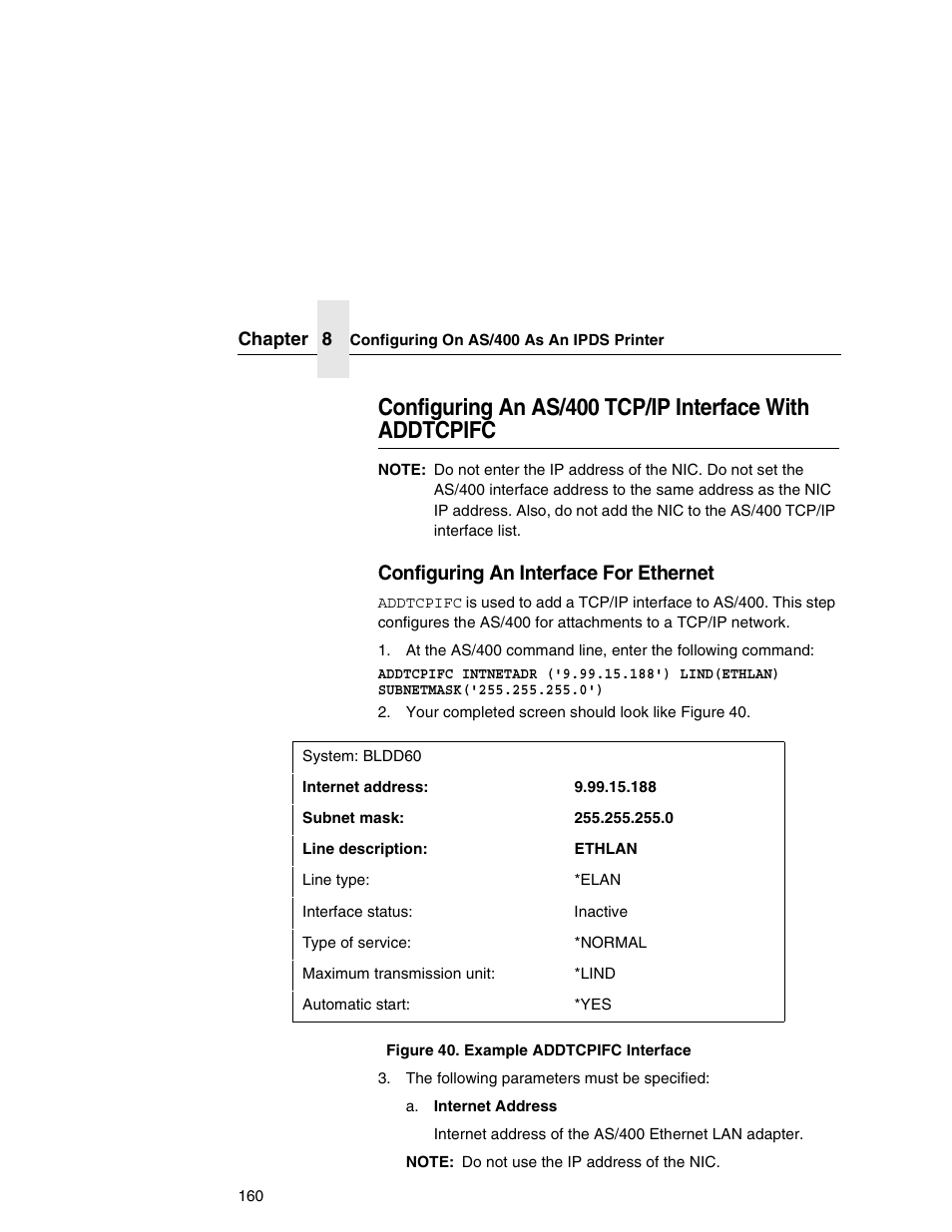 Configuring an as/400 tcp/ip interface with, Addtcpifc, Configuring an interface for ethernet | Printronix Integrated Network Interface Card User Manual | Page 164 / 310