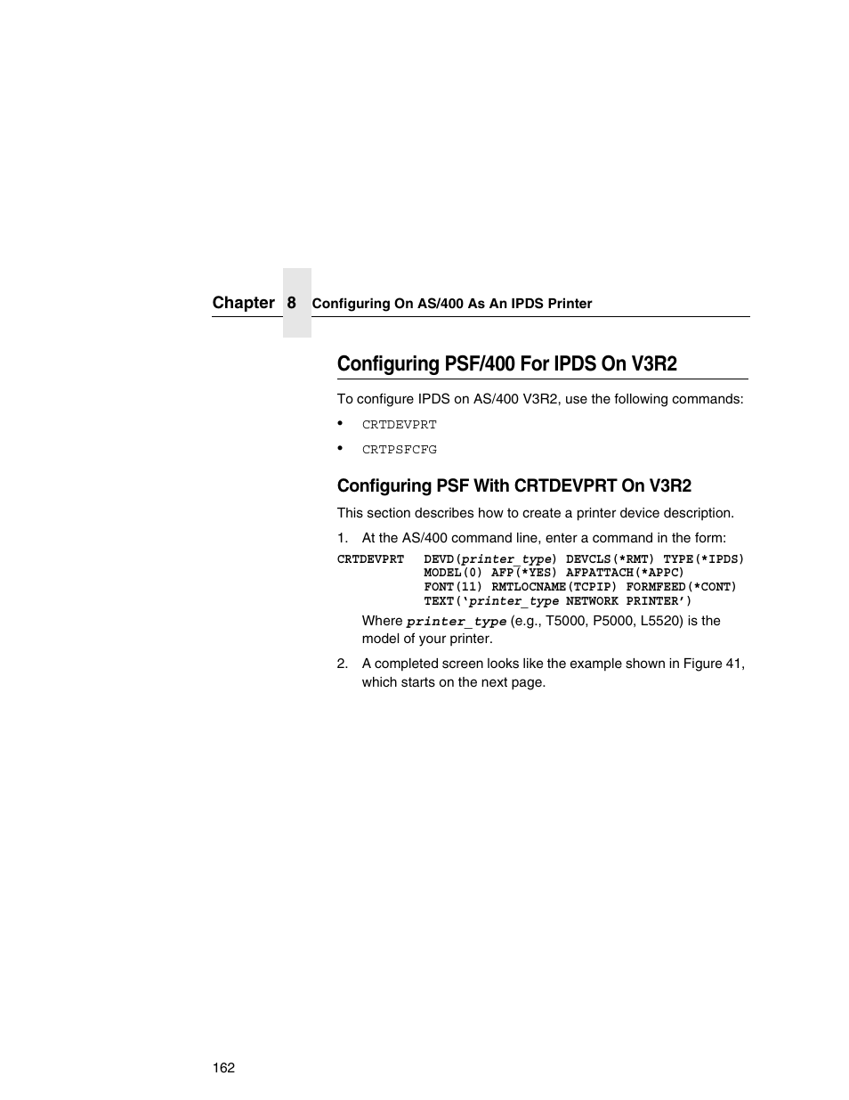 Configuring psf/400 for ipds on v3r2, Configuring psf with crtdevprt on v3r2 | Printronix Integrated Network Interface Card User Manual | Page 166 / 310