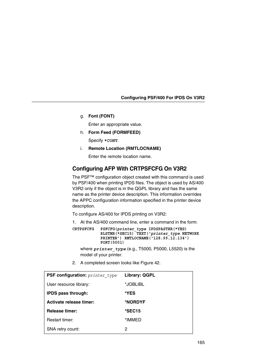 Configuring afp with crtpsfcfg on v3r2 | Printronix Integrated Network Interface Card User Manual | Page 169 / 310