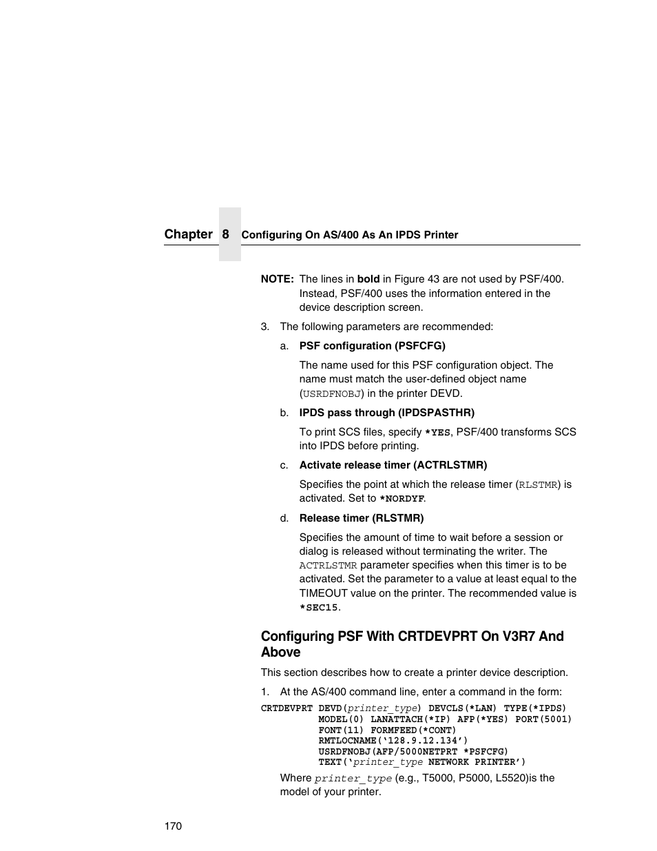 Configuring psf with crtdevprt on v3r7 and above | Printronix Integrated Network Interface Card User Manual | Page 174 / 310