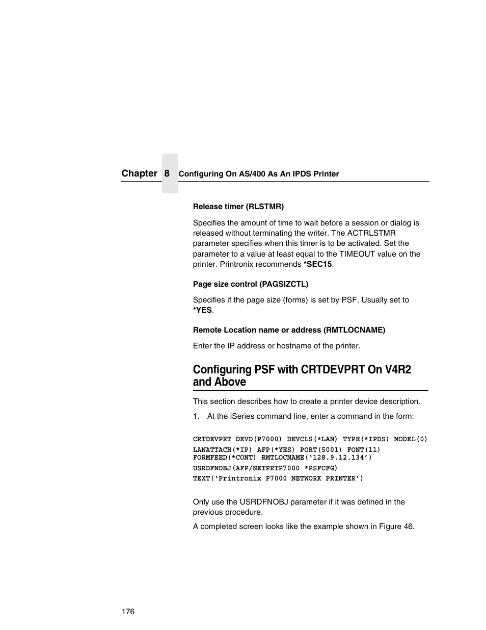 Configuring psf with crtdevprt on v4r2 and above, Configuring psf with crtdevprt on v4r2 and, Above | Printronix Integrated Network Interface Card User Manual | Page 180 / 310