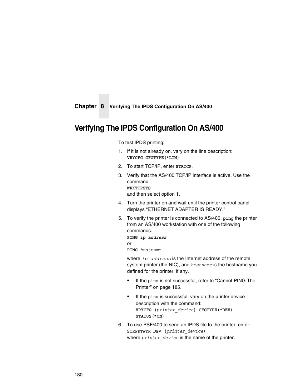 Verifying the ipds configuration on as/400, E “verifying the ipds configuration | Printronix Integrated Network Interface Card User Manual | Page 184 / 310