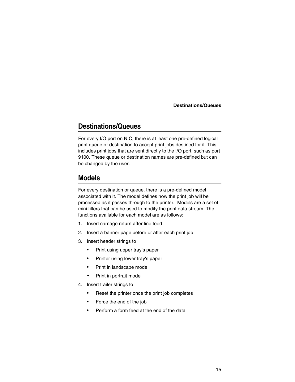 Destinations/queues, Models | Printronix Integrated Network Interface Card User Manual | Page 19 / 310