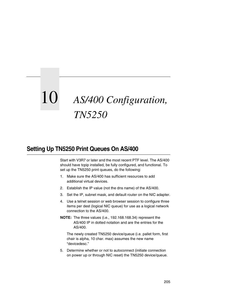 10 as/400 configuration, tn5250, Setting up tn5250 print queues on as/400 | Printronix Integrated Network Interface Card User Manual | Page 209 / 310