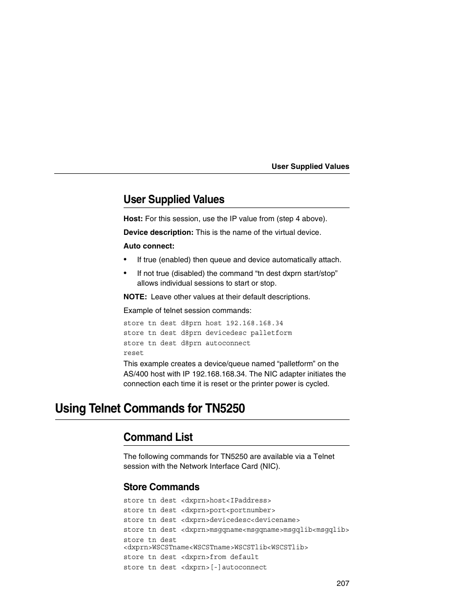 User supplied values, Using telnet commands for tn5250, Command list | Store commands | Printronix Integrated Network Interface Card User Manual | Page 211 / 310