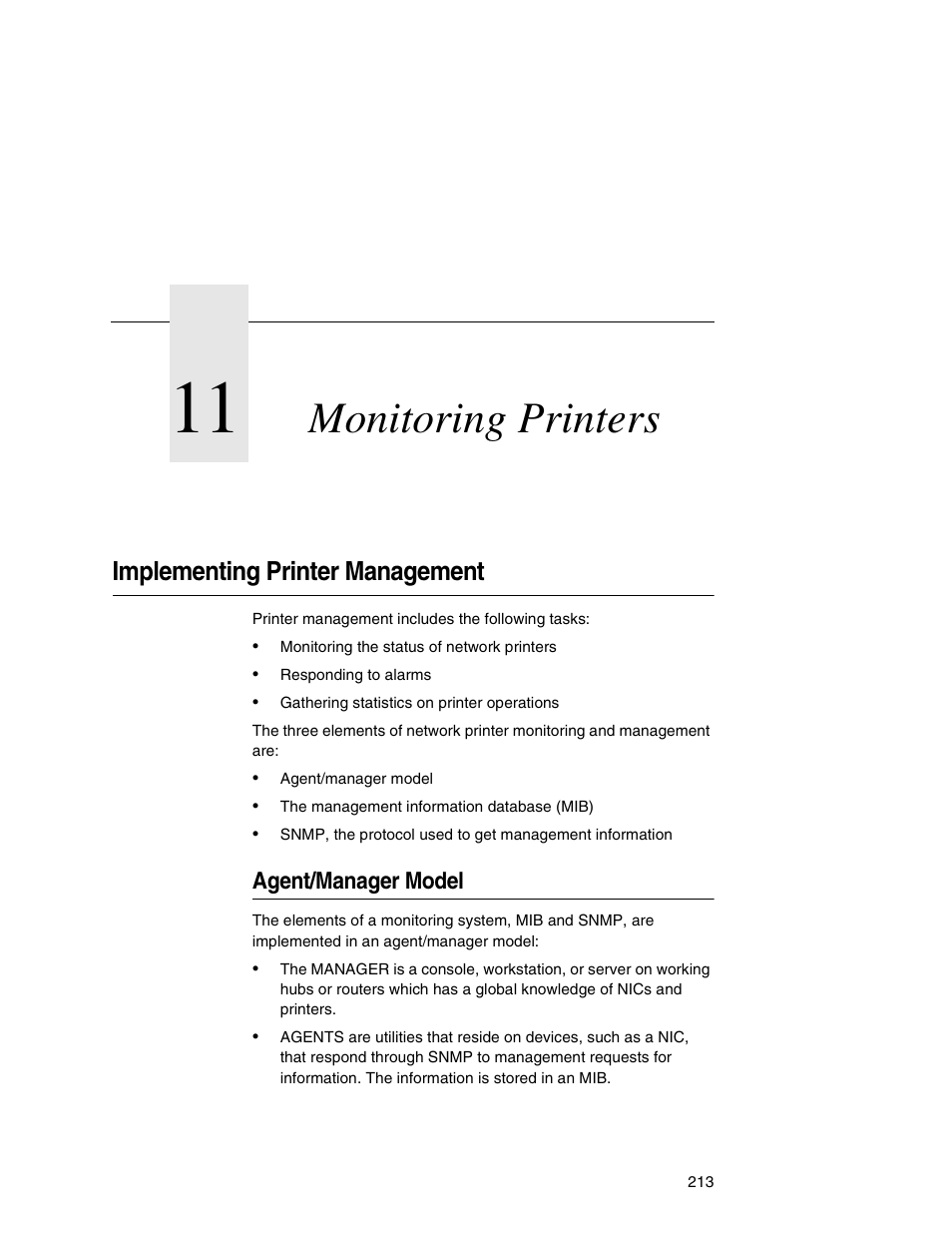 11 monitoring printers, Implementing printer management, Agent/manager model | Monitoring printers | Printronix Integrated Network Interface Card User Manual | Page 217 / 310