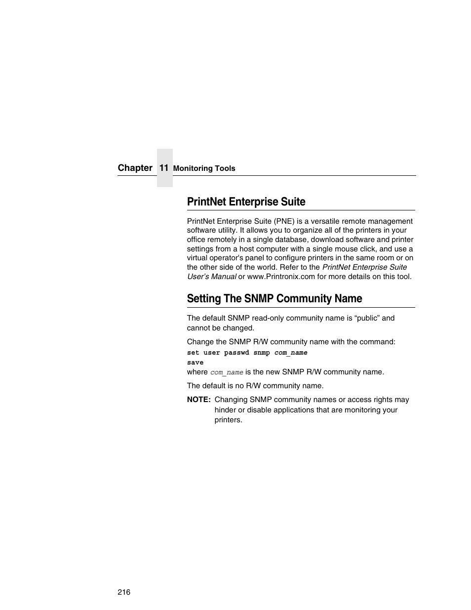 Printnet enterprise suite, Setting the snmp community name | Printronix Integrated Network Interface Card User Manual | Page 220 / 310