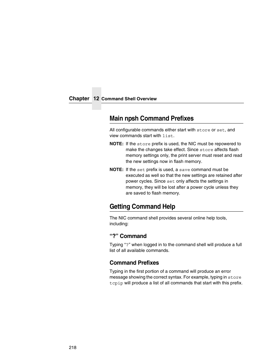 Main npsh command prefixes, Getting command help | Printronix Integrated Network Interface Card User Manual | Page 222 / 310