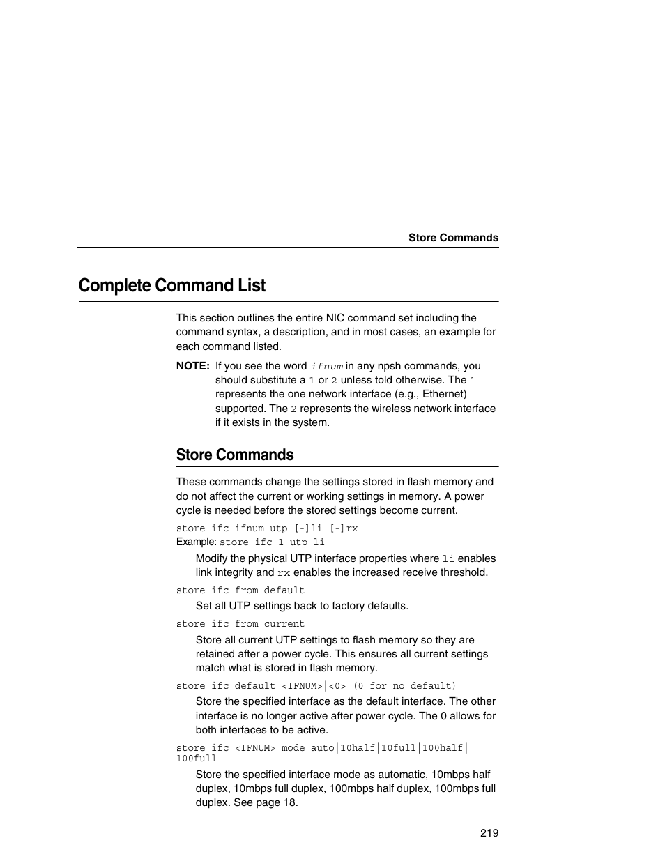 Complete command list, Store commands | Printronix Integrated Network Interface Card User Manual | Page 223 / 310