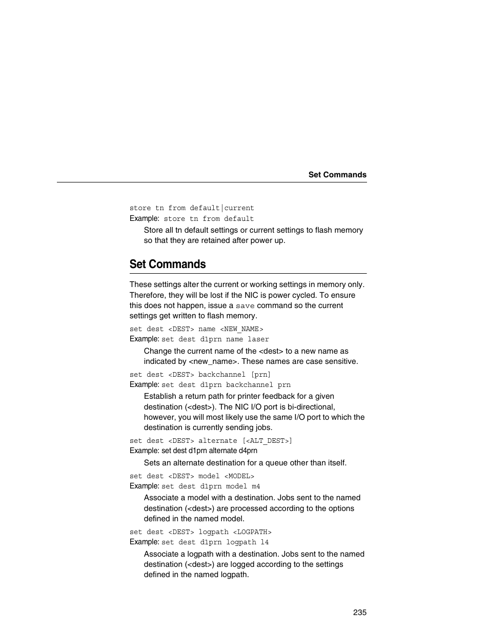 Set commands | Printronix Integrated Network Interface Card User Manual | Page 239 / 310