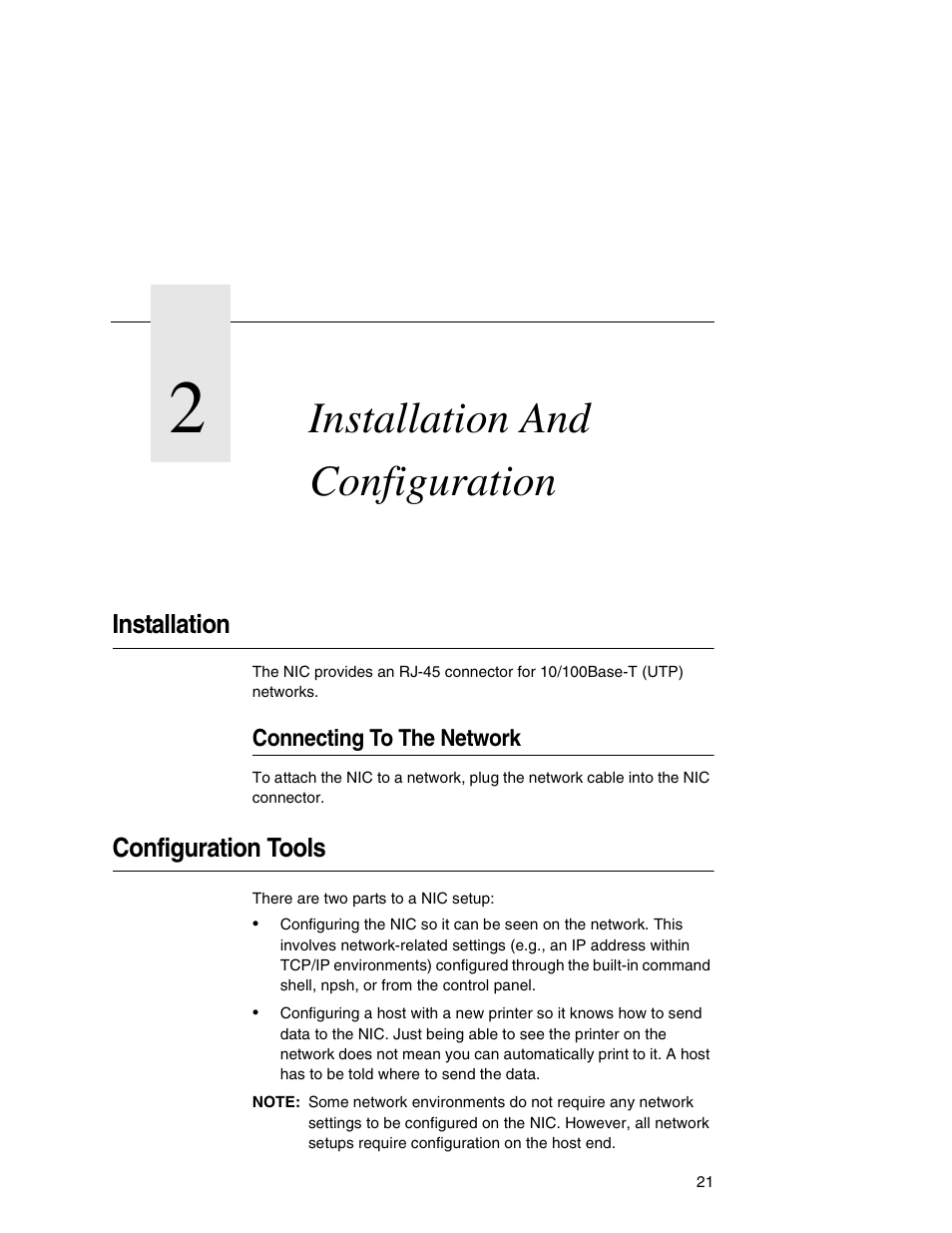 2 installation and configuration, Installation, Connecting to the network | Configuration tools, Installation and configuration | Printronix Integrated Network Interface Card User Manual | Page 25 / 310