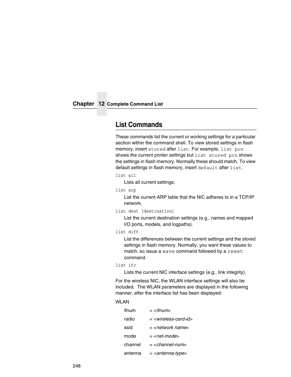 List commands | Printronix Integrated Network Interface Card User Manual | Page 252 / 310