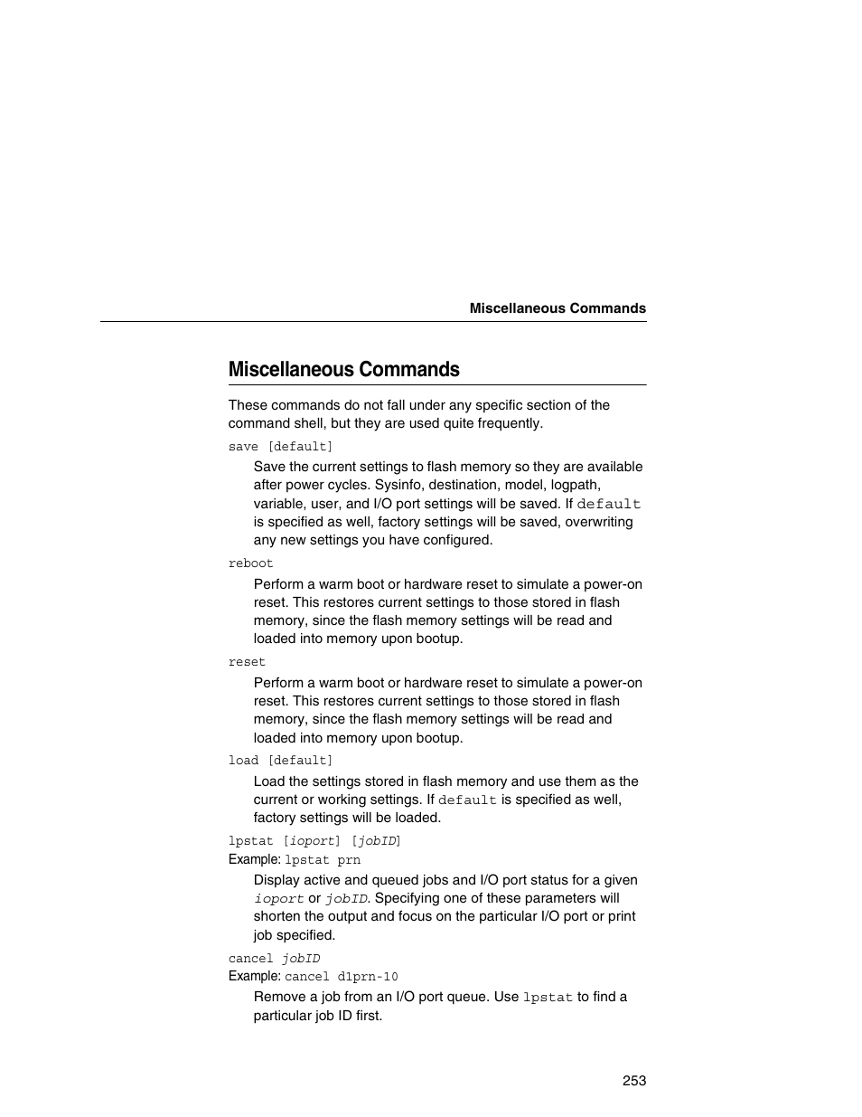 Miscellaneous commands | Printronix Integrated Network Interface Card User Manual | Page 257 / 310
