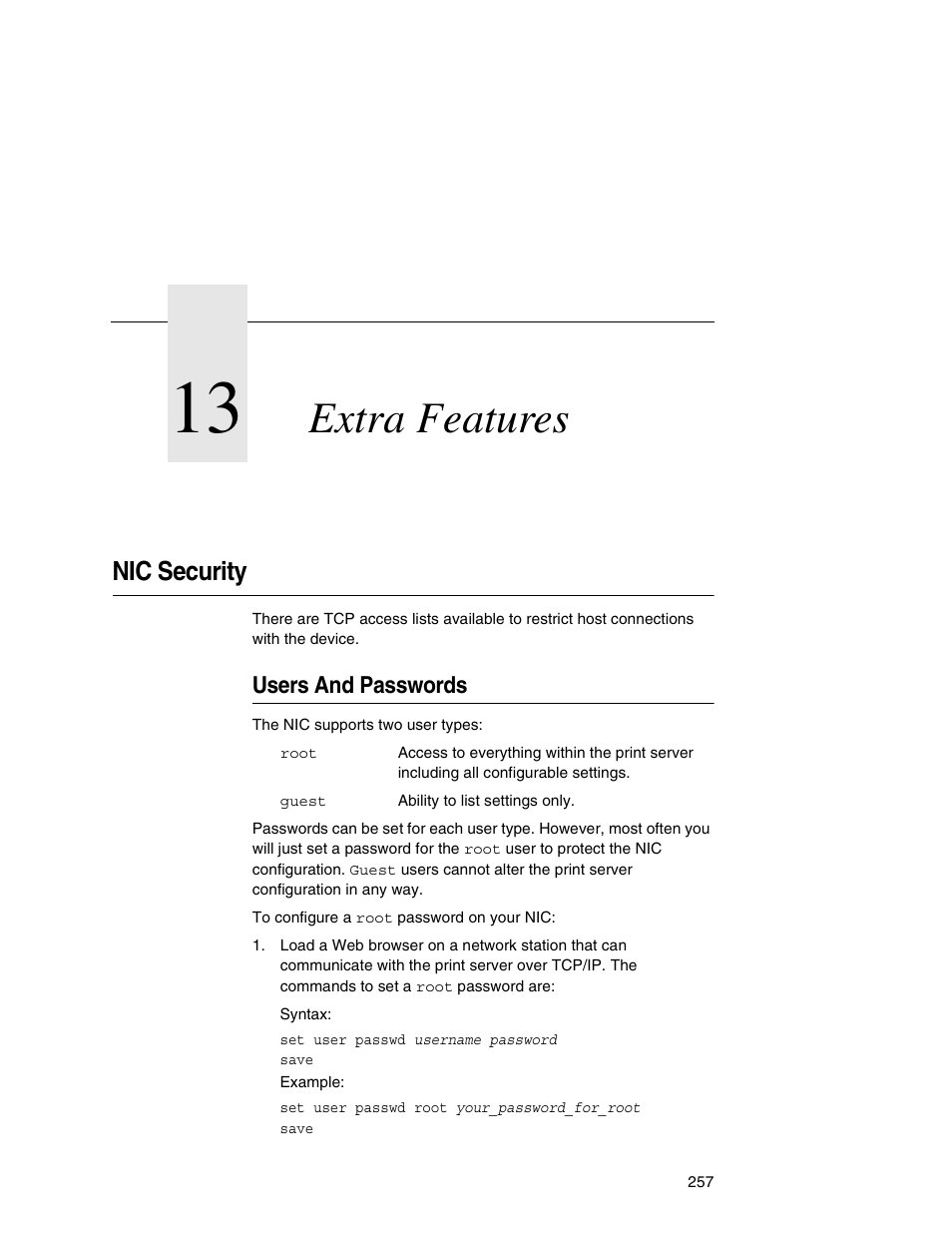13 extra features, Nic security, Users and passwords | Extra features | Printronix Integrated Network Interface Card User Manual | Page 261 / 310