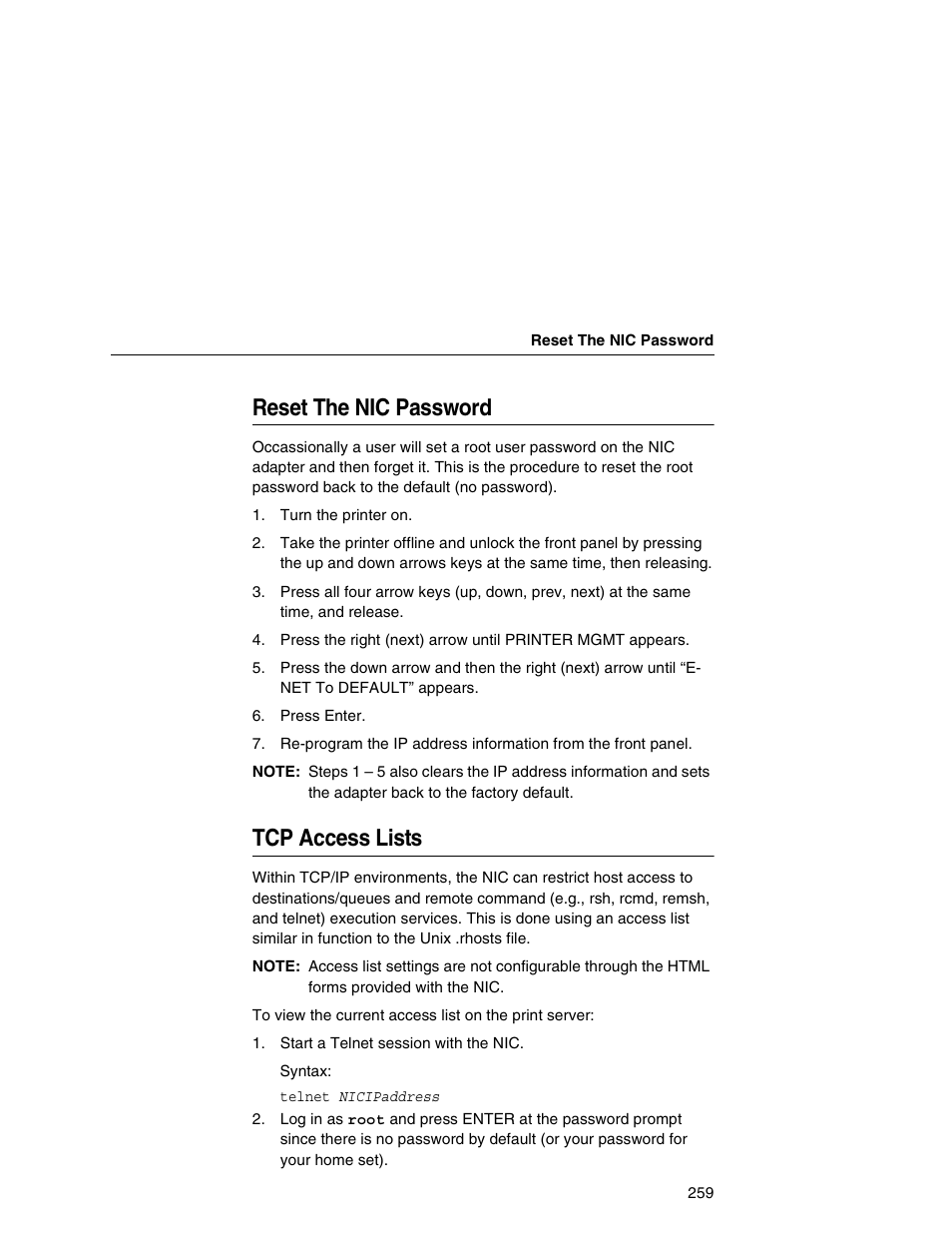 Reset the nic password, Tcp access lists | Printronix Integrated Network Interface Card User Manual | Page 263 / 310