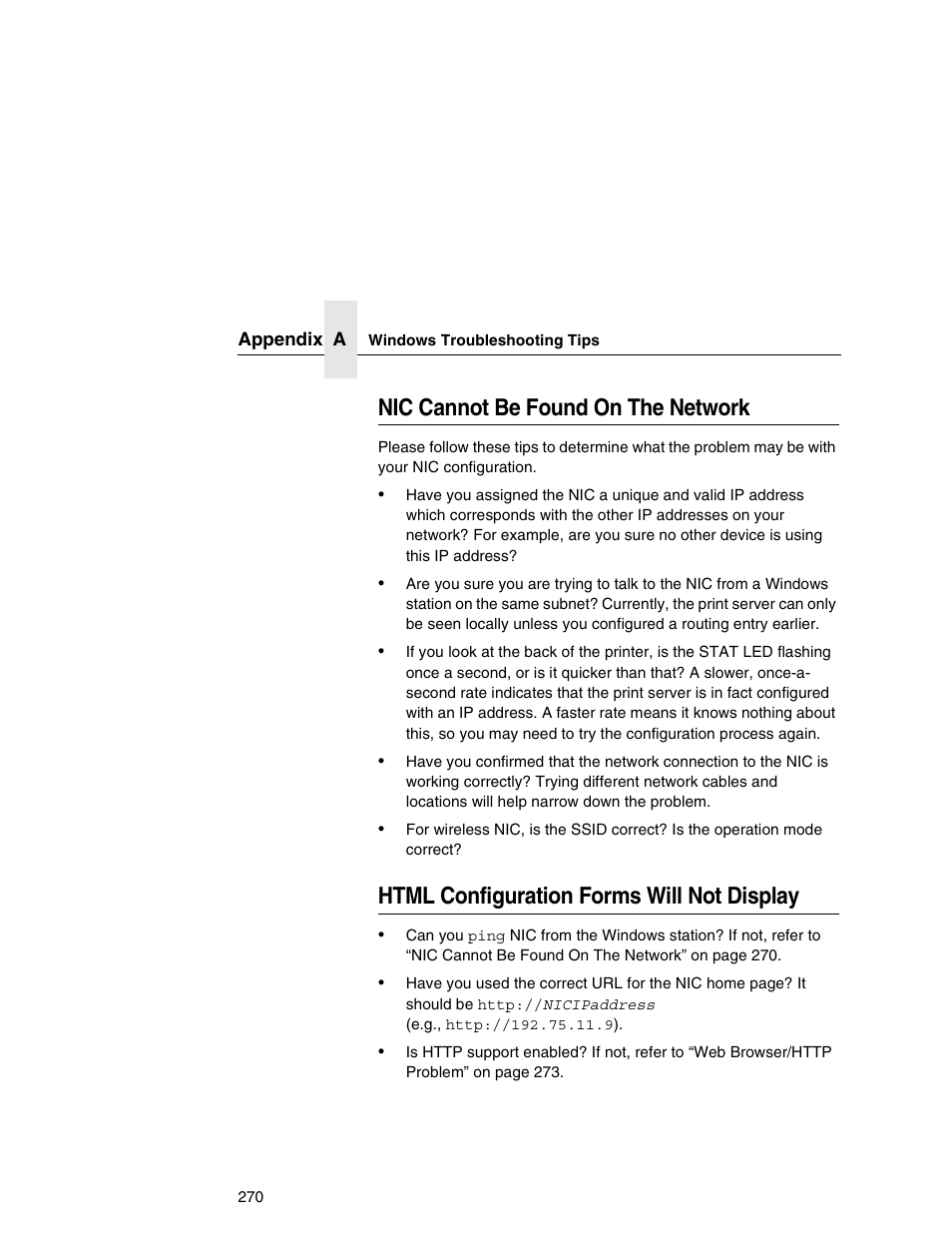 Nic cannot be found on the network, Html configuration forms will not display | Printronix Integrated Network Interface Card User Manual | Page 274 / 310