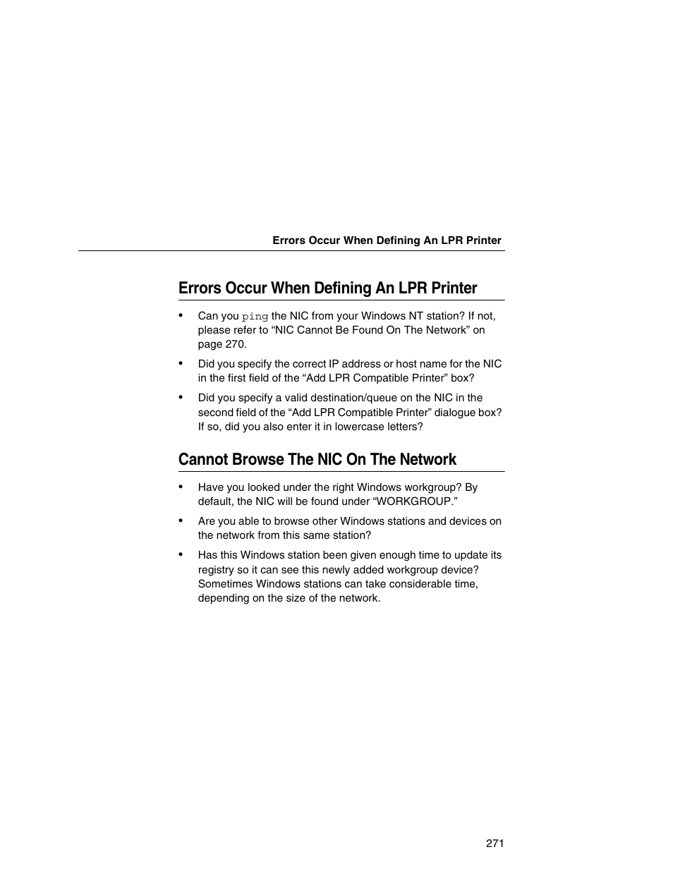 Errors occur when defining an lpr printer, Cannot browse the nic on the network | Printronix Integrated Network Interface Card User Manual | Page 275 / 310