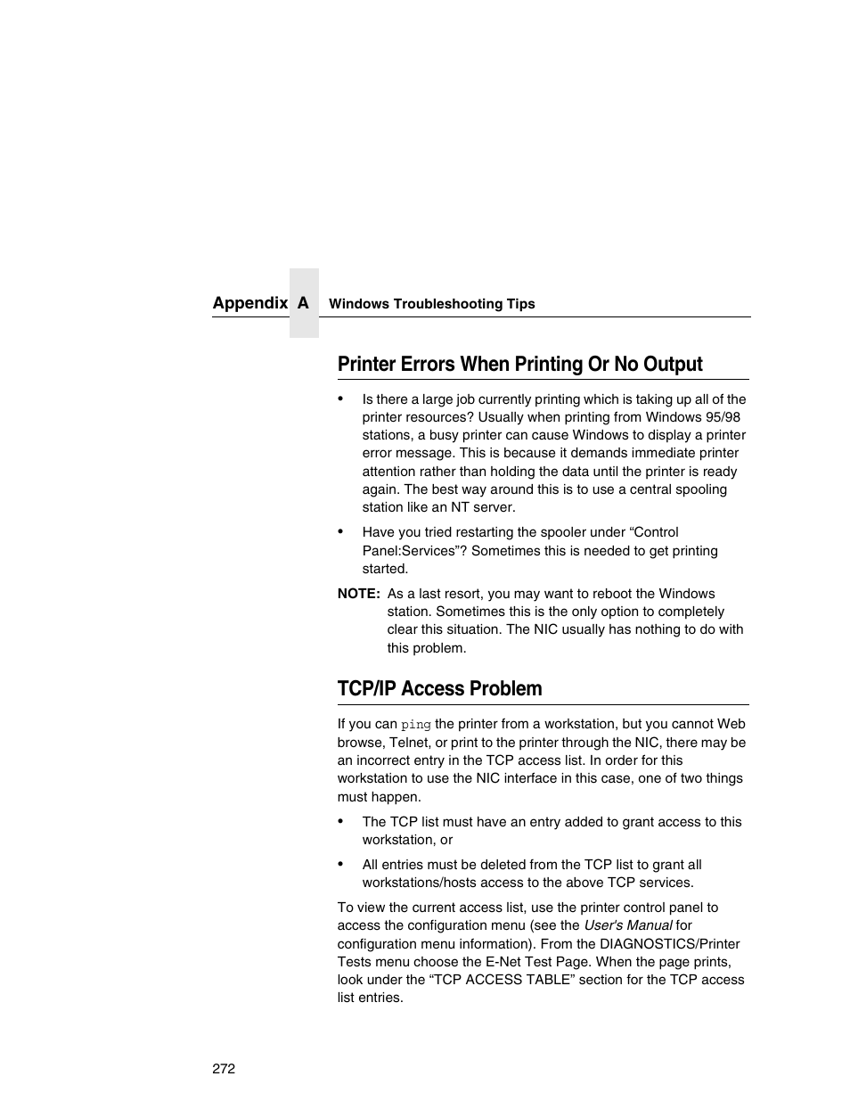 Printer errors when printing or no output, Tcp/ip access problem | Printronix Integrated Network Interface Card User Manual | Page 276 / 310