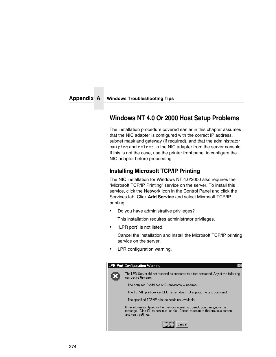 Windows nt 4.0 or 2000 host setup problems | Printronix Integrated Network Interface Card User Manual | Page 278 / 310