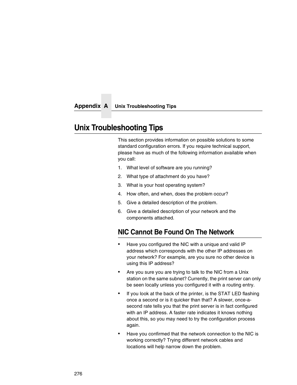 Unix troubleshooting tips, Nic cannot be found on the network | Printronix Integrated Network Interface Card User Manual | Page 280 / 310