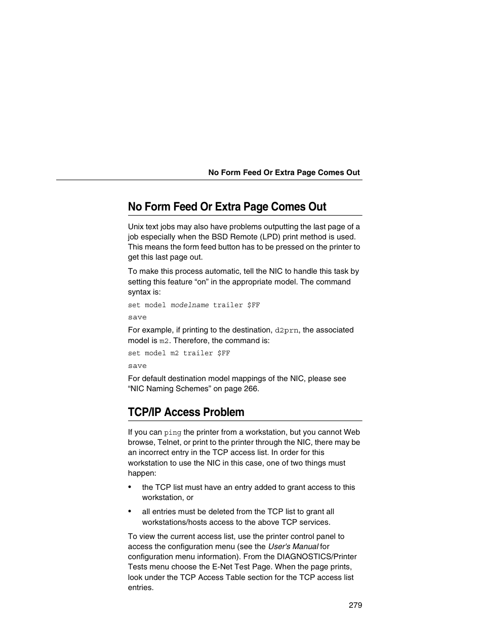 Tcp/ip access problem, No form feed or extra page comes out | Printronix Integrated Network Interface Card User Manual | Page 283 / 310