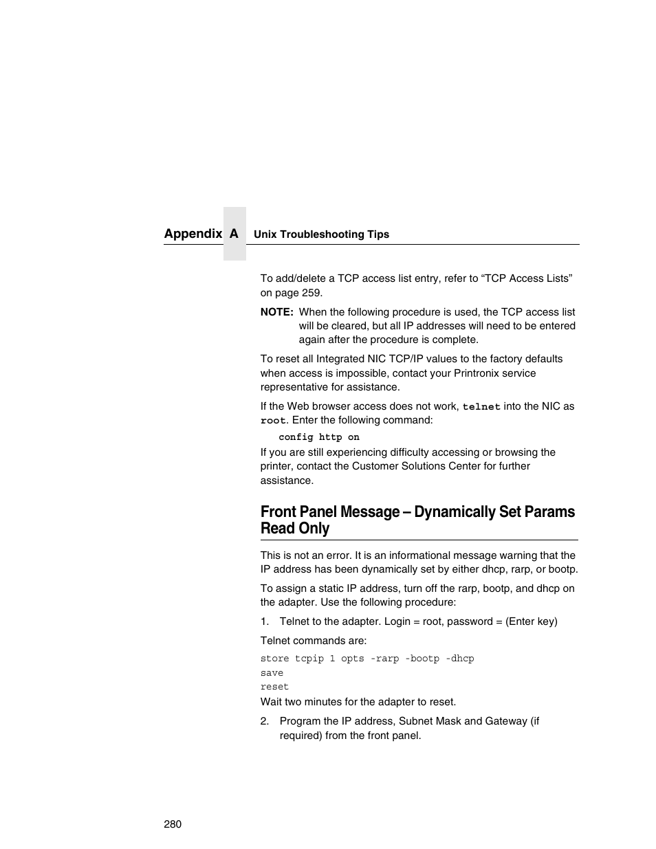 Front panel message – dynamically set params, Read only | Printronix Integrated Network Interface Card User Manual | Page 284 / 310