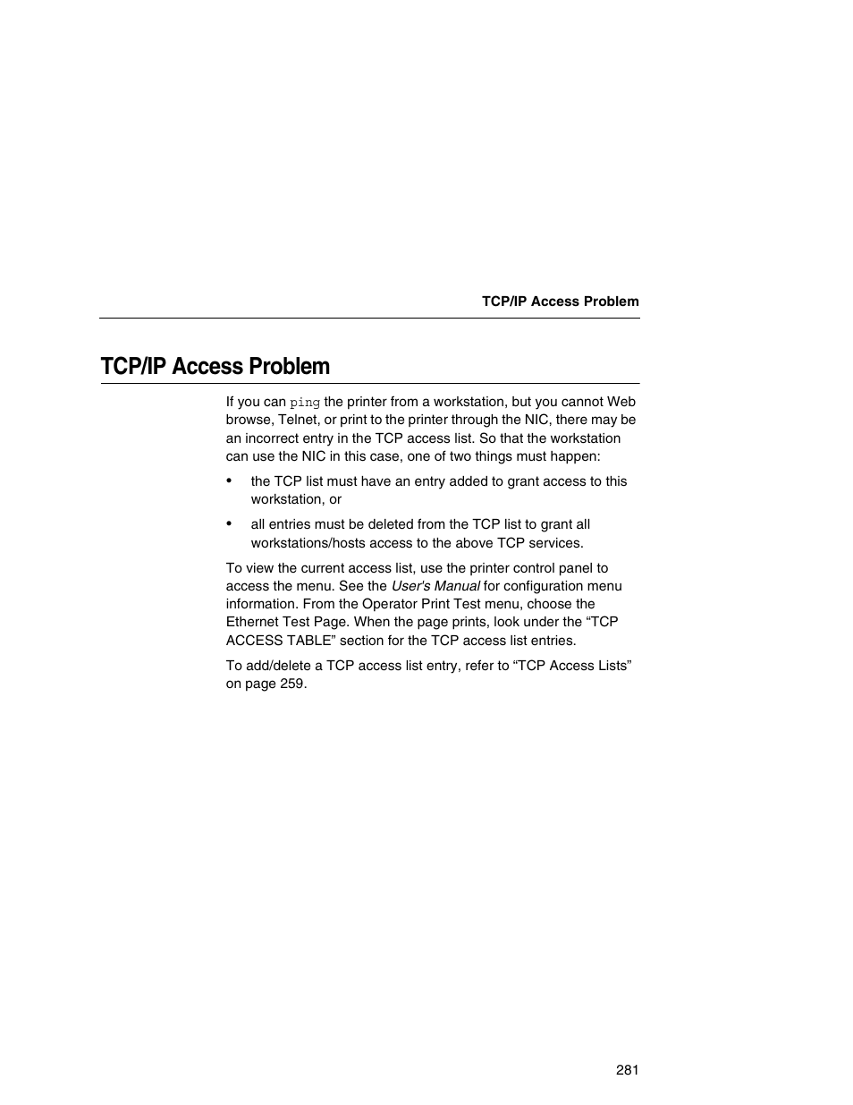 Tcp/ip access problem | Printronix Integrated Network Interface Card User Manual | Page 285 / 310