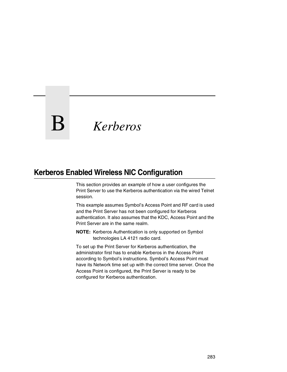 B kerberos, Kerberos enabled wireless nic configuration, Kerberos | Printronix Integrated Network Interface Card User Manual | Page 287 / 310